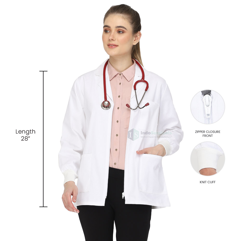 Female Lab Coat Zipper Closure Full Sleeve with Knit Cuffs Supplier
