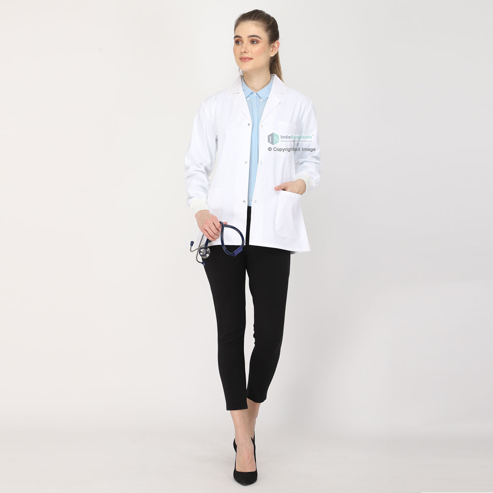 Female Lab Coat (Button Closure) Full Sleeve with Knit Cuffs - Length 28