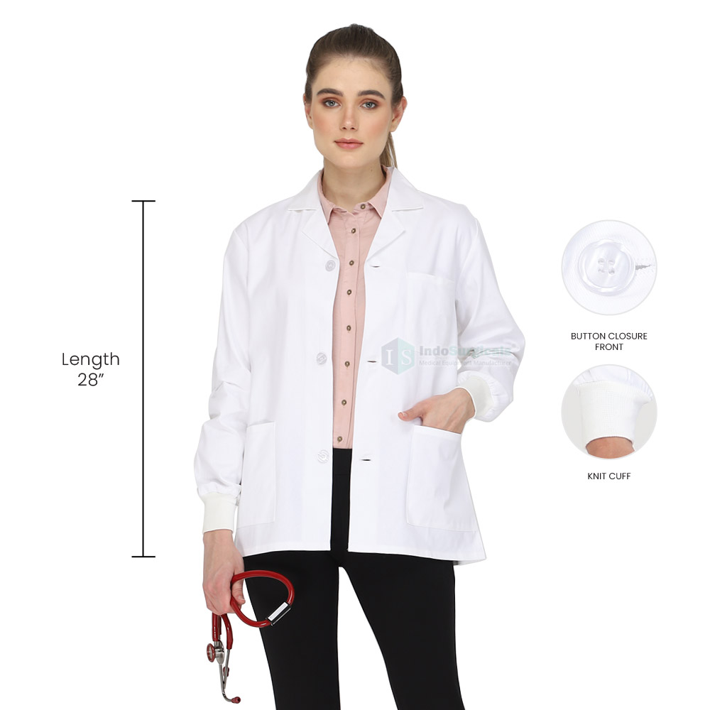 Female Lab Coat Button Closure Full Sleeve with Knit Cuffs Supplier