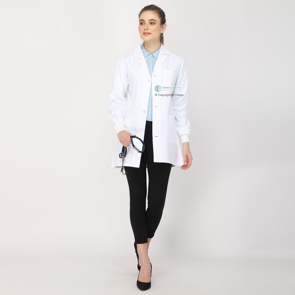 Female Lab Coat (Button Closure) Full Sleeve with Knit Cuffs - Length 32
