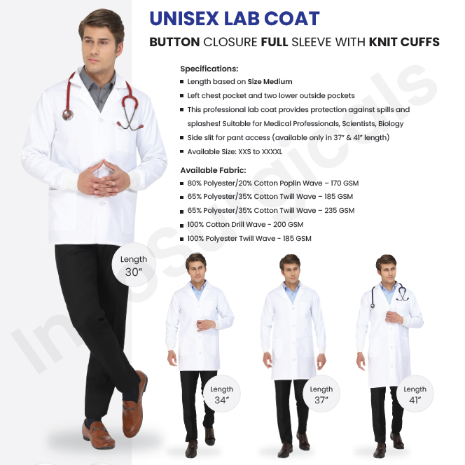 Unisex Lab Coat Button Closure Full Sleeve with Knit Cuffs Supplier