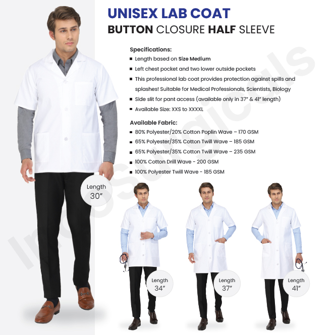 Unisex Lab Coat Button Closure Half Sleeve Supplier