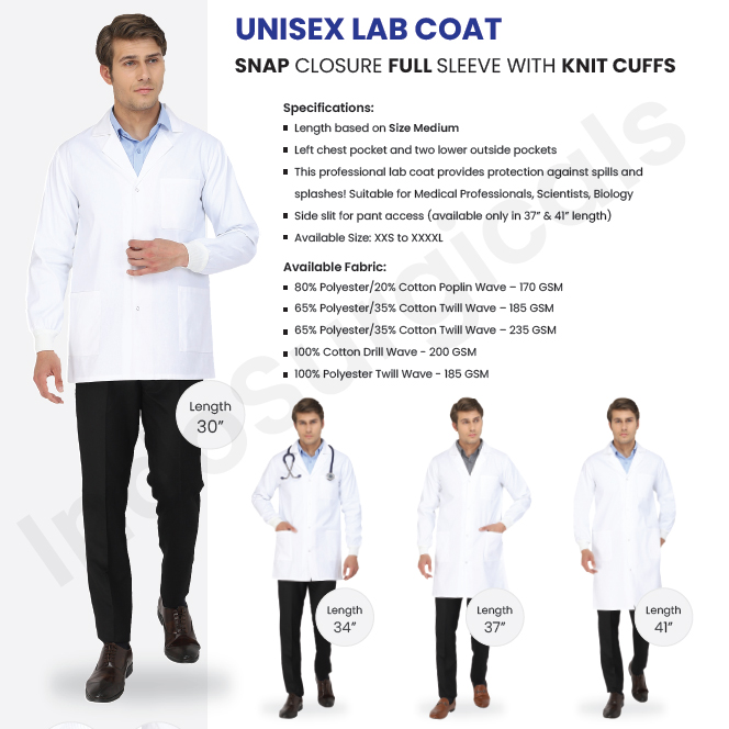 Unisex Lab Coat Snap Closure Full Sleeve with Knit Cuffs Supplier