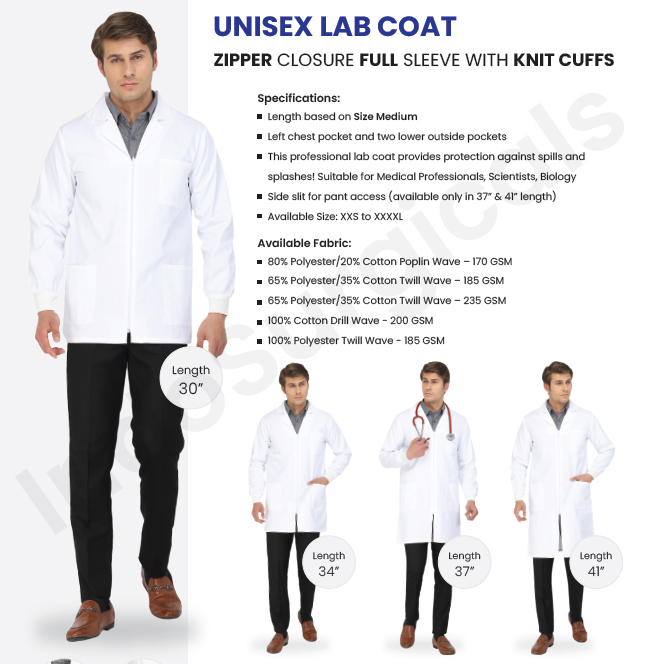 Unisex Lab Coat Zipper Closure Full Sleeve with Knit Cuffs Supplier