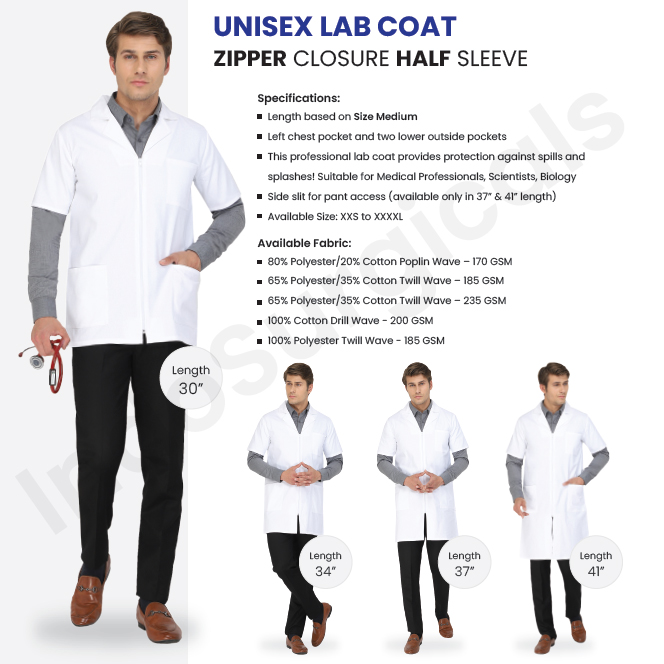 Unisex Lab Coat Zipper Closure Half Sleeve Supplier
